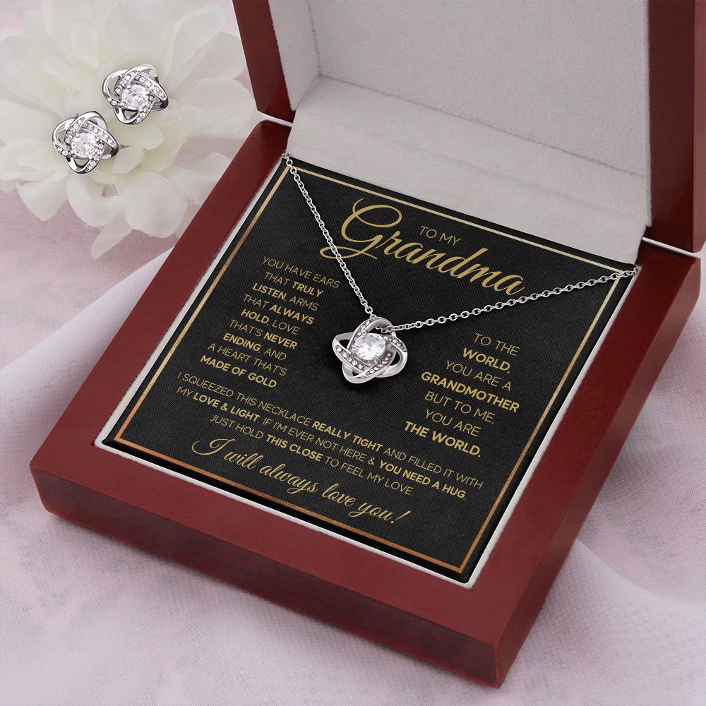 TO MY GRANDMA NEVER ENDING GOLD LOVE KNOT EARRING NECKLACE GIFT SET
