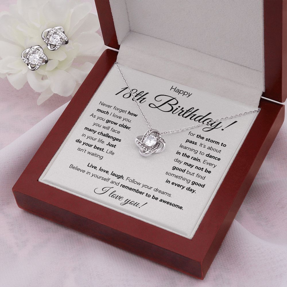 18TH BIRTHDAY STORM LOVE KNOT NECKLACE AND EARRINGS SET