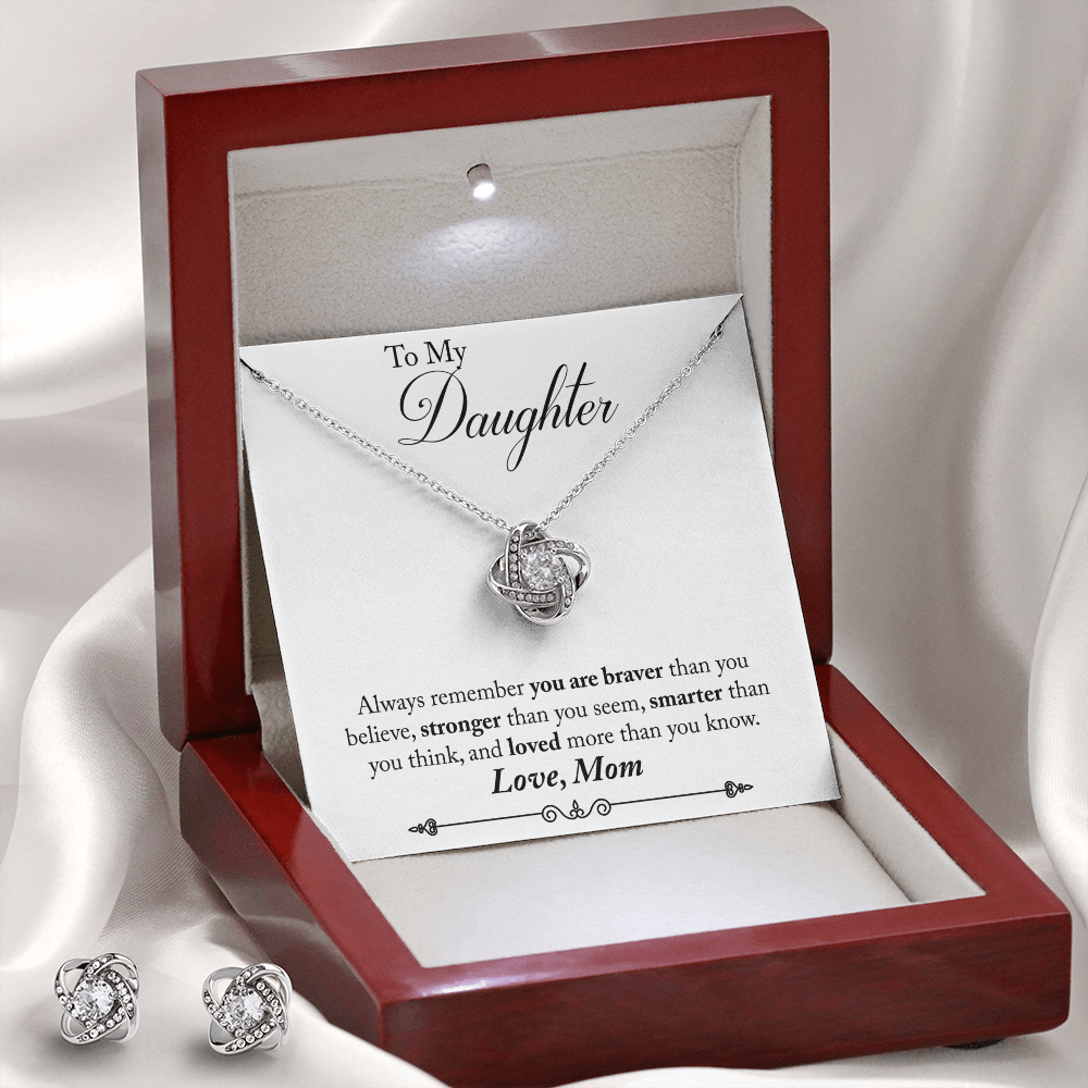 TO MY DAUGHTER BRAVER LOVE KNOT NECKLACE AND EARRINGS SET