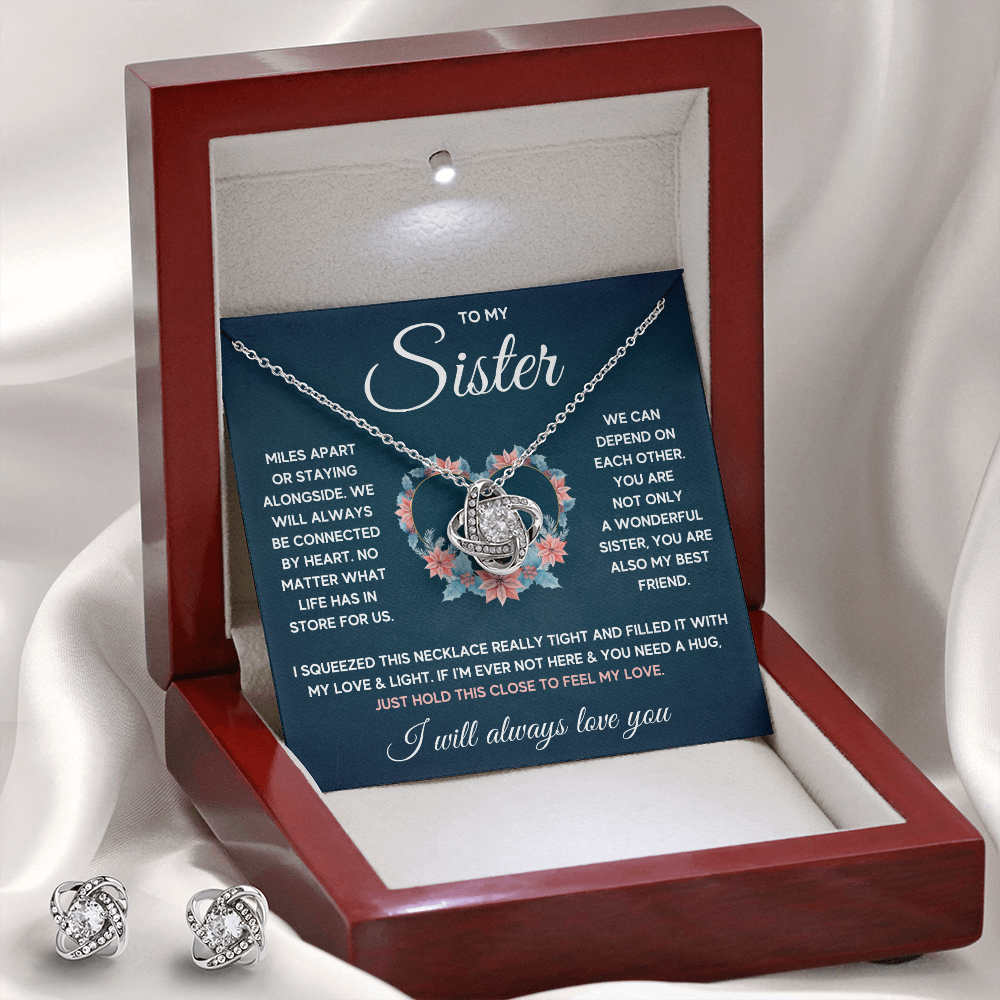 TO MY SISTER SQUEEZED LOVE KNOT NECKLACE AND EARRINGS SET