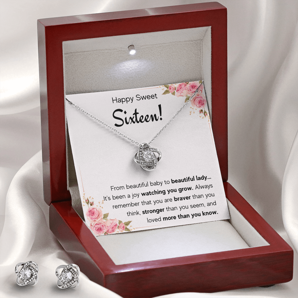 HAPPY SWEET SIXTEEN JOY LOVE KNOT NECKLACE AND EARRINGS SET