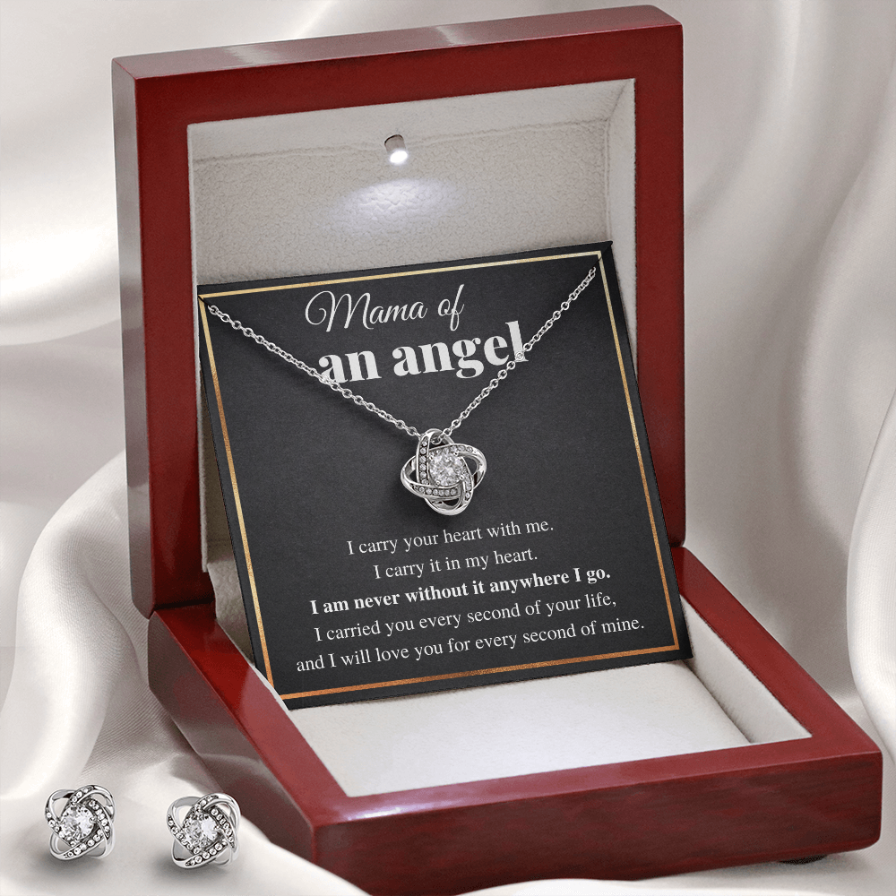 MAMA OF AN ANGEL LOVE KNOT NECKLACE AND EARRINGS GIFT SET
