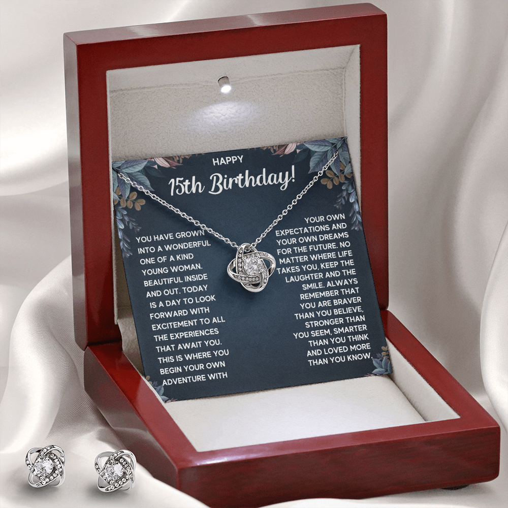HAPPY 15TH BIRTHDAY DREAMS LOVE KNOT NECKLACE AND EARRINGS SET