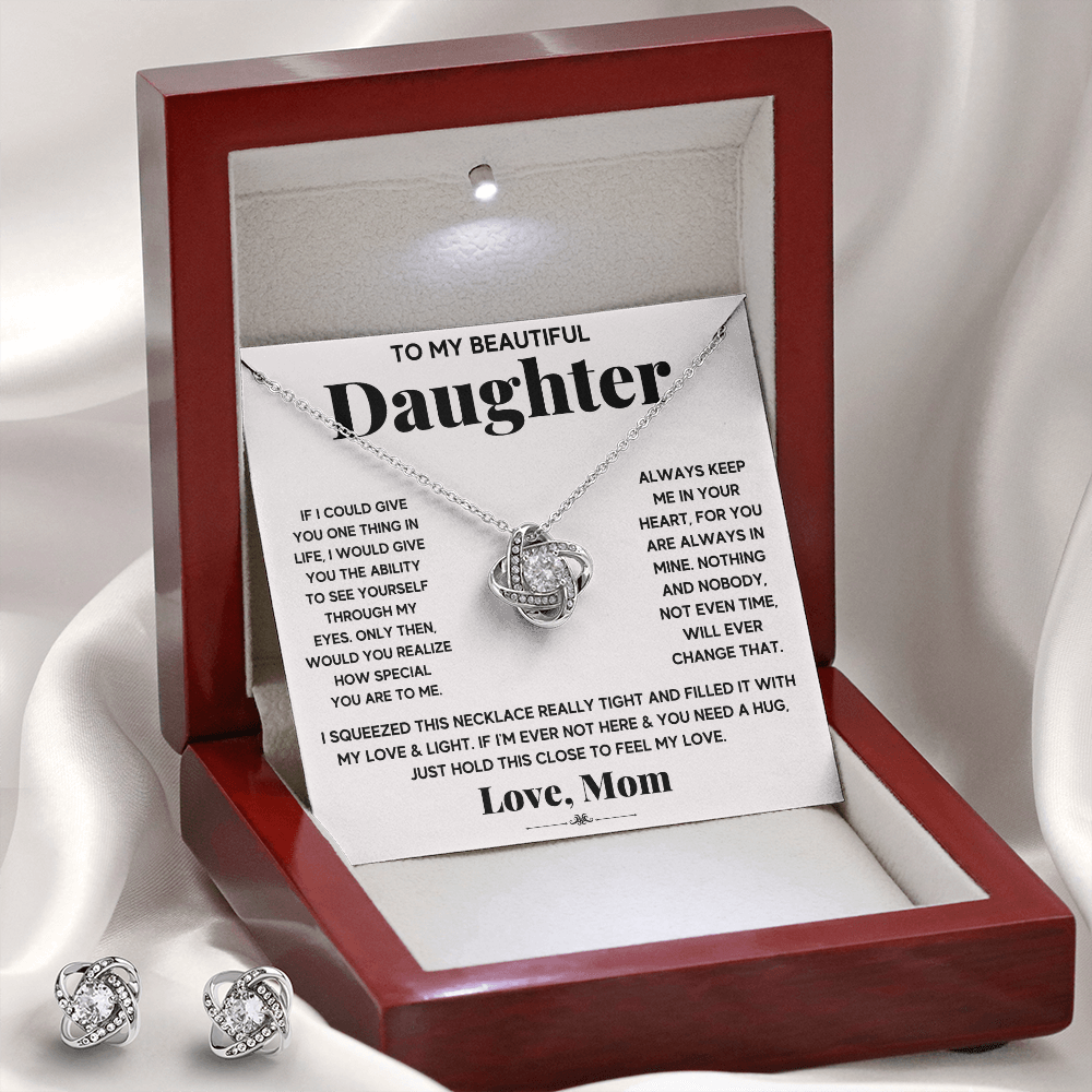 TO MY BEAUTIFUL DAUGHTER LOVE KNOT NECKLACE AND EARRINGS SET