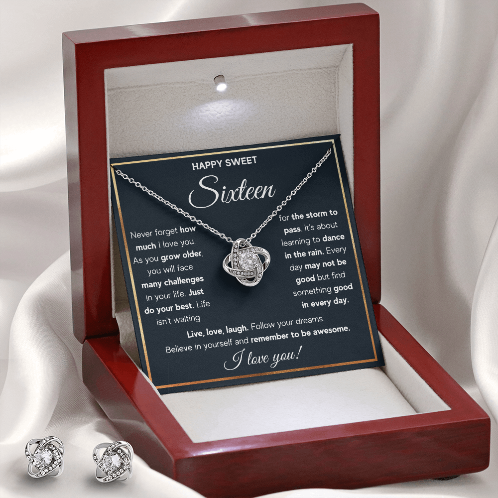 HAPPY SWEET SIXTEEN RAIN LOVE KNOT NECKLACE AND EARRINGS SET