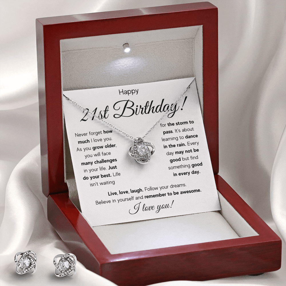 21ST BIRTHDAY RAIN LOVE KNOT NECKLACE AND EARRINGS SET
