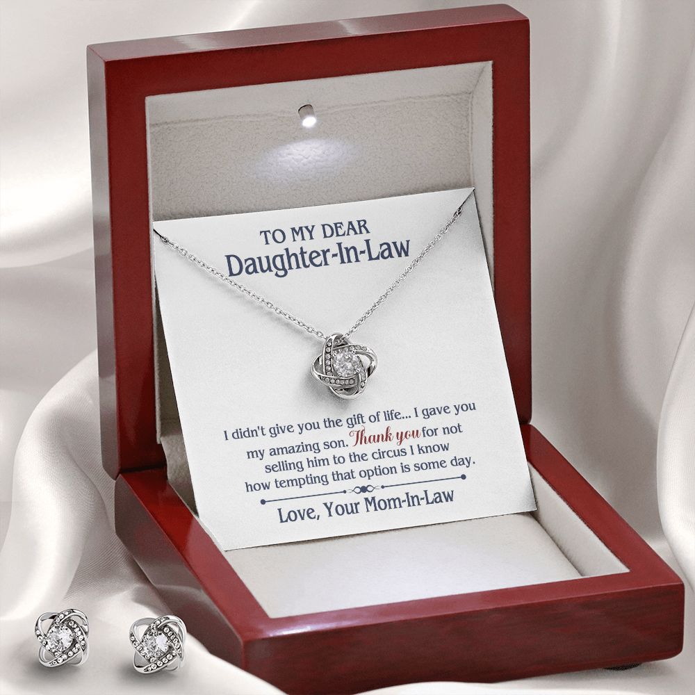 TO MY DAUGHTER IN LAW CIRCUS LOVE KNOT EARRING NECKLACE GIFT SET