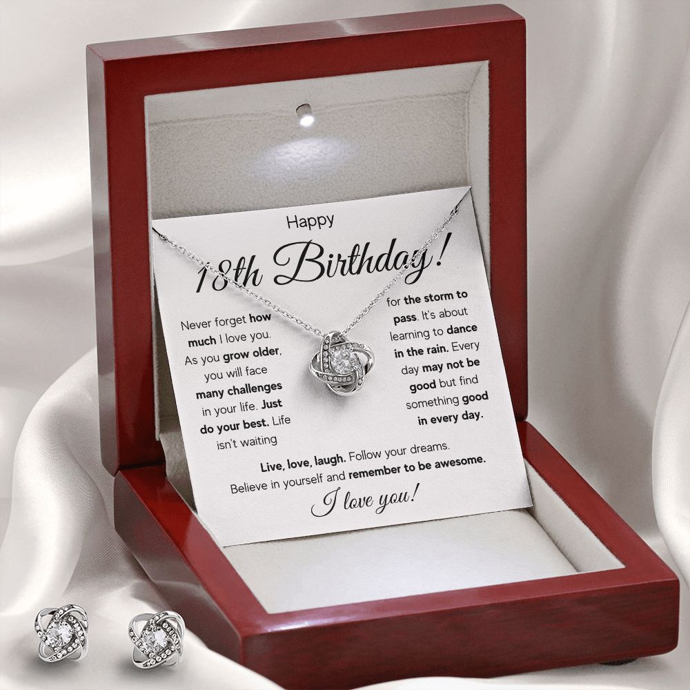 18TH BIRTHDAY STORM LOVE KNOT NECKLACE AND EARRINGS SET