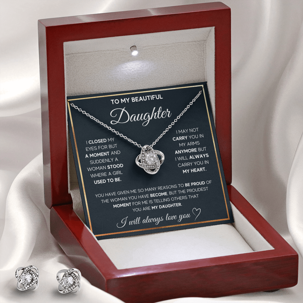 TO MY DAUGHTER PROUD LOVE KNOT NECKLACE AND EARRINGS SET