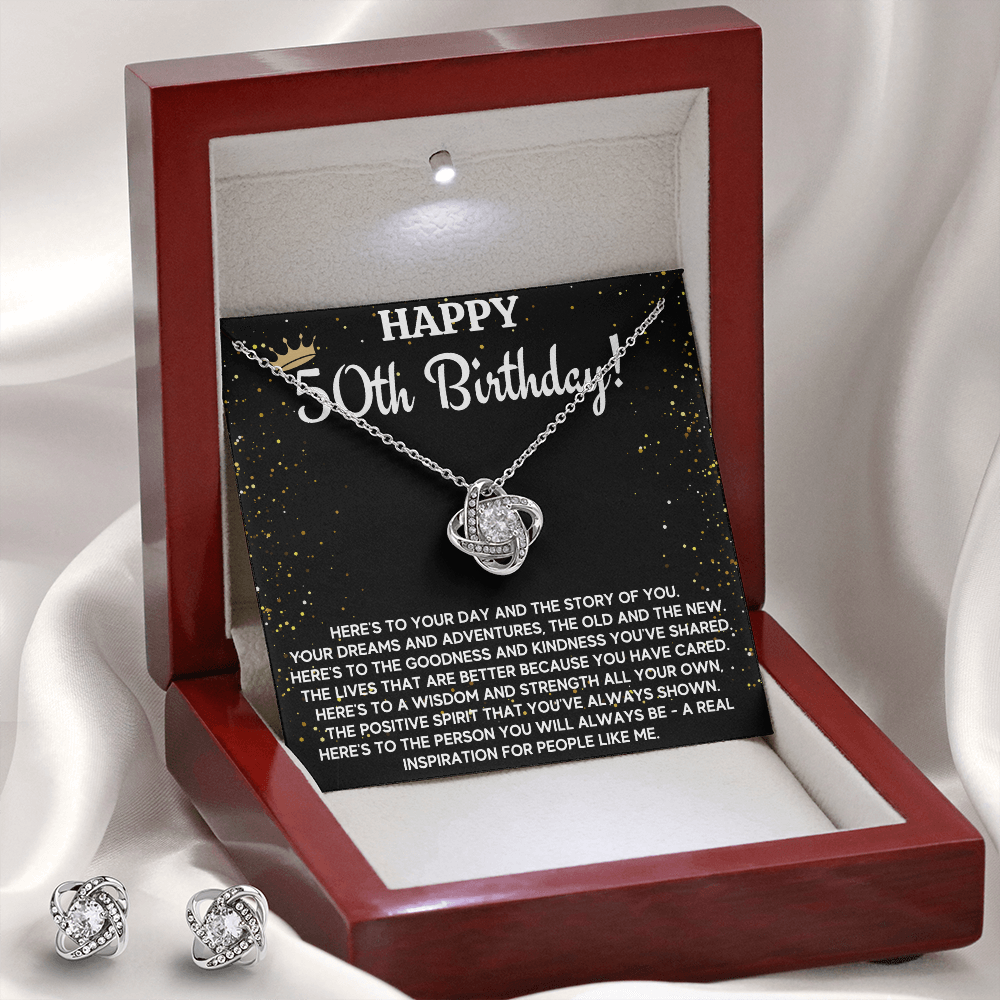50TH BIRTHDAY WISDOM LOVE KNOT NECKLACE AND EARRINGS SET