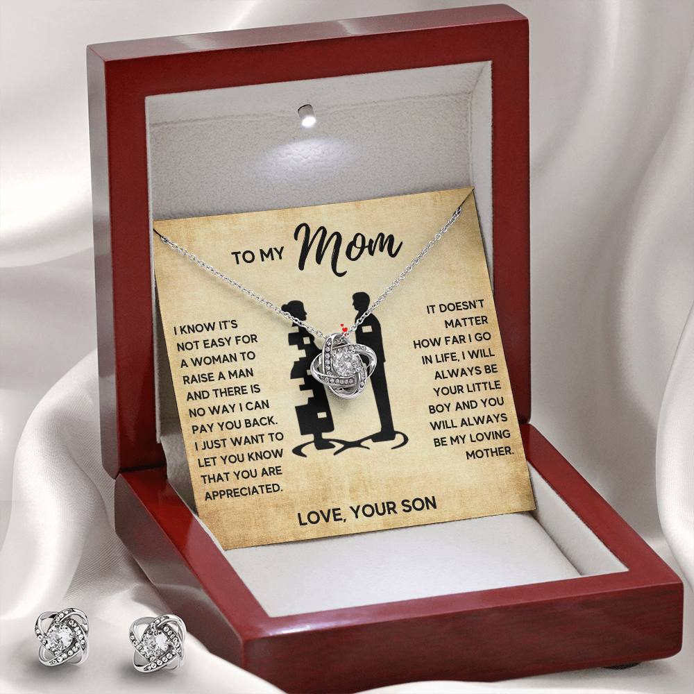 TO MY MOM LITTLE BOY LOVE KNOT NECKLACE AND EARRINGS SET