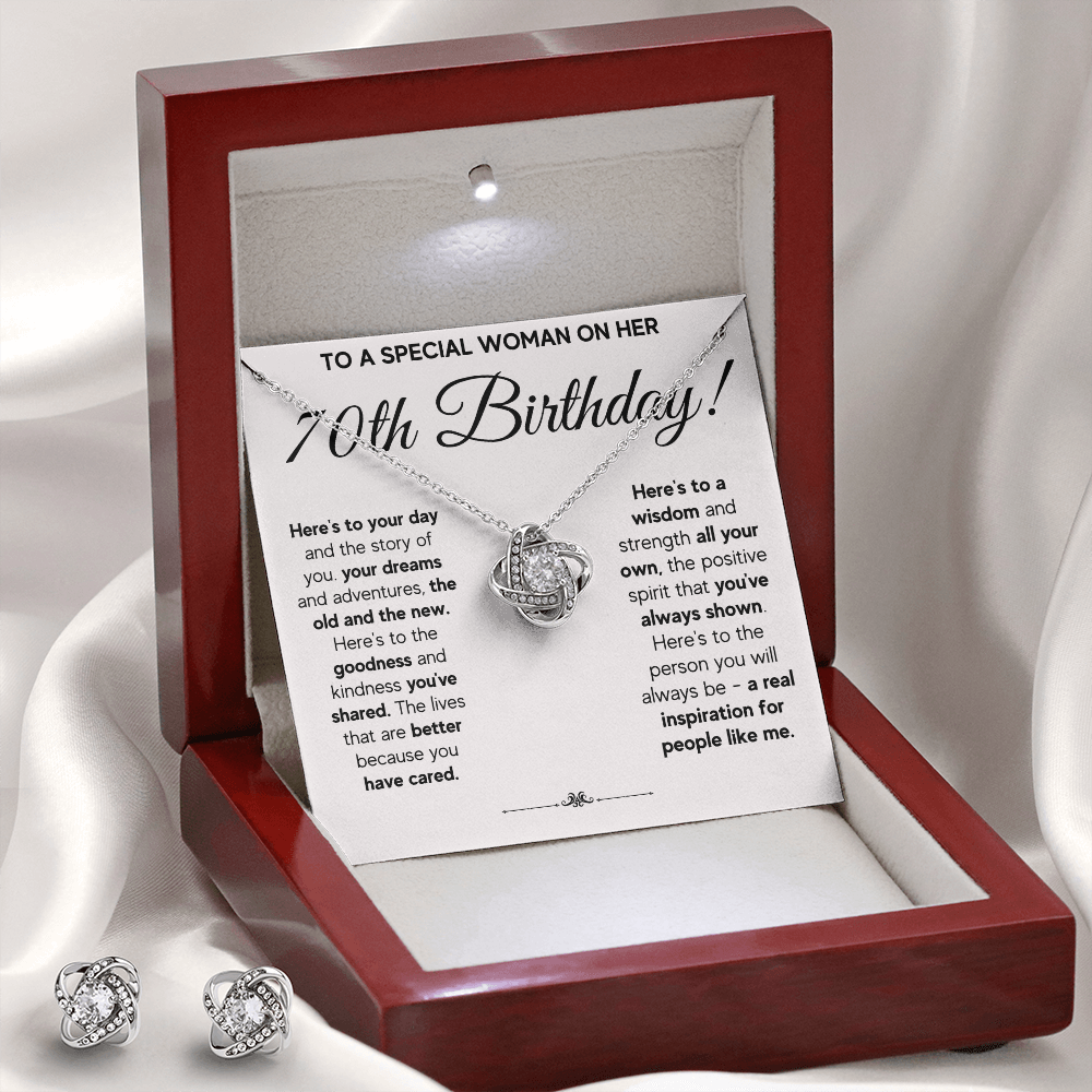 70TH BIRTHDAY WISDOM LOVE KNOT NECKLACE AND EARRINGS SET