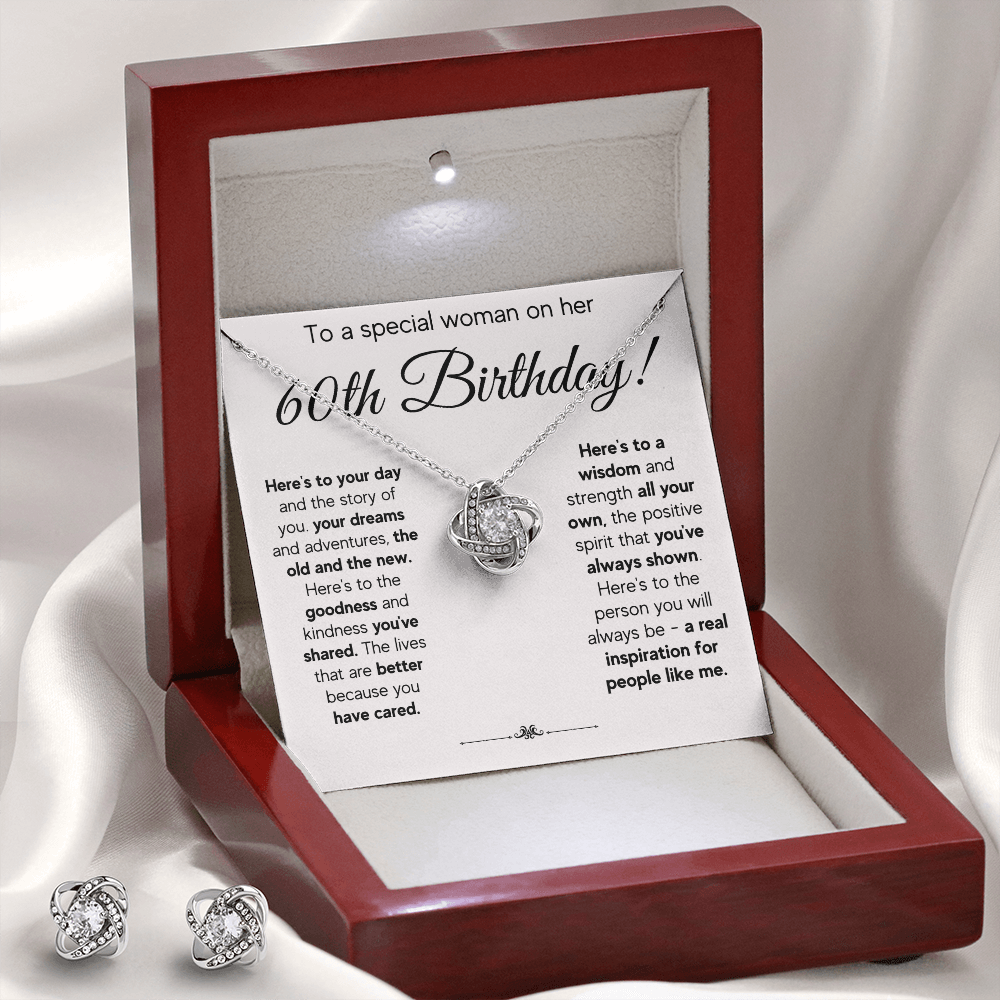 60TH BIRTHDAY WISDOM LOVE KNOT NECKLACE AND EARRINGS SET