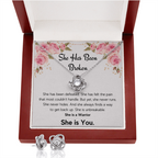 ENCOURAGEMENT SHE IS YOU LOVE KNOT NECKLACE AND EARRINGS SET