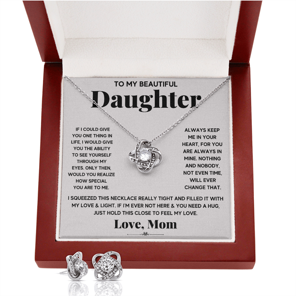 TO MY BEAUTIFUL DAUGHTER LOVE KNOT NECKLACE AND EARRINGS SET