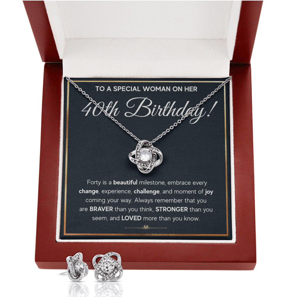 40TH BIRTHDAY MILESTONE LOVE KNOT NECKLACE AND EARRINGS SET