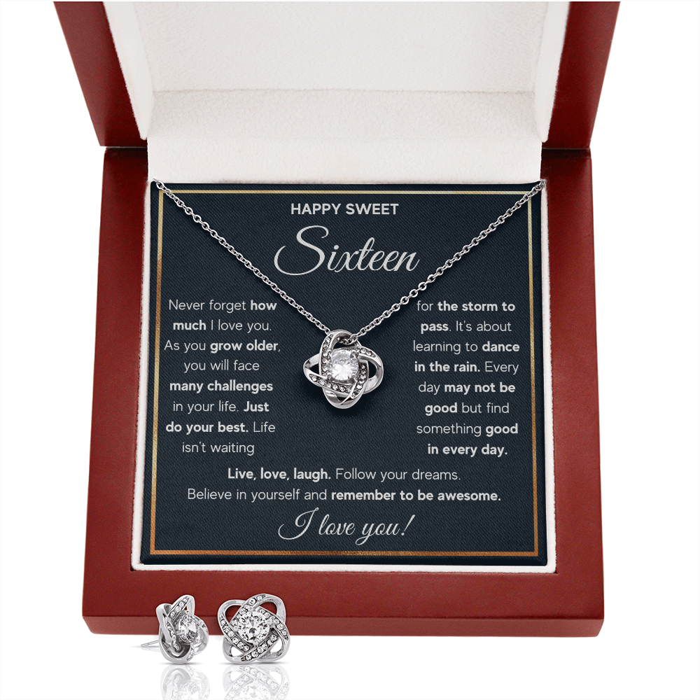 HAPPY SWEET SIXTEEN RAIN LOVE KNOT NECKLACE AND EARRINGS SET