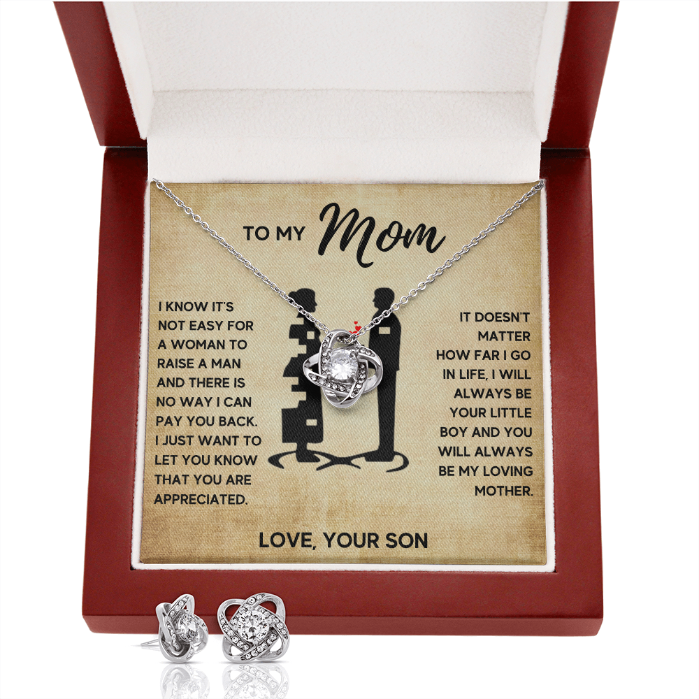 TO MY MOM LITTLE BOY LOVE KNOT NECKLACE AND EARRINGS SET
