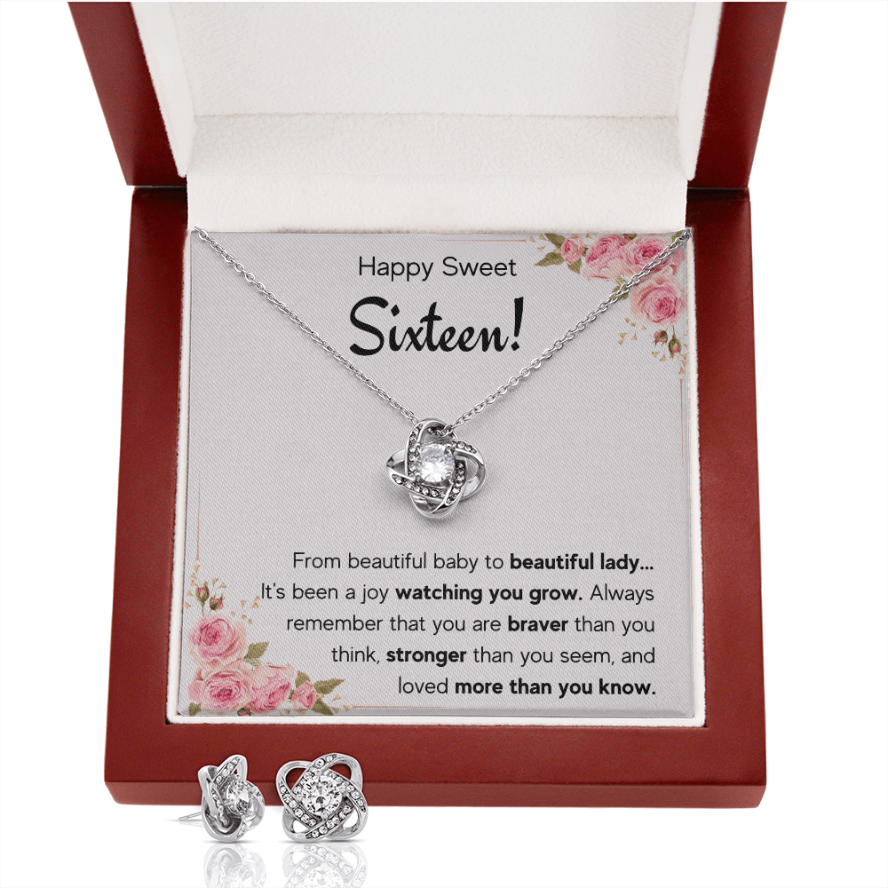 HAPPY SWEET SIXTEEN JOY LOVE KNOT NECKLACE AND EARRINGS SET
