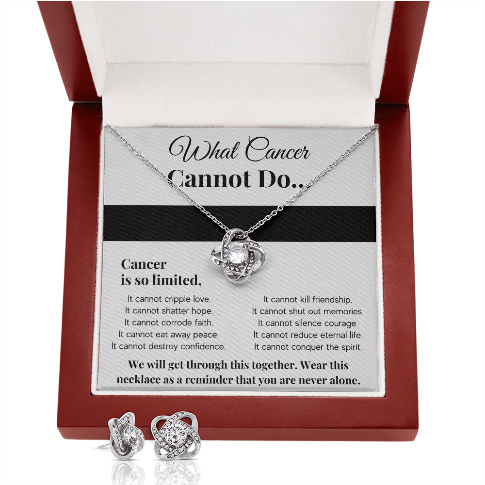 WHAT CANCER CANNOT DO LOVE KNOT NECKLACE AND EARRINGS SET
