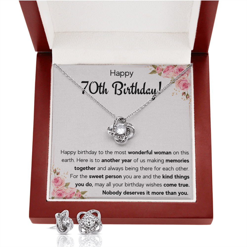 70TH BIRTHDAY MEMORIES LOVE KNOT NECKLACE AND EARRINGS SET
