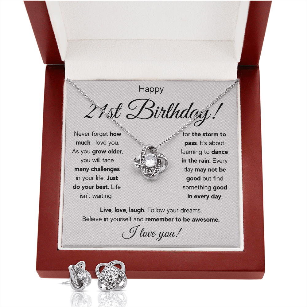 21ST BIRTHDAY RAIN LOVE KNOT NECKLACE AND EARRINGS SET
