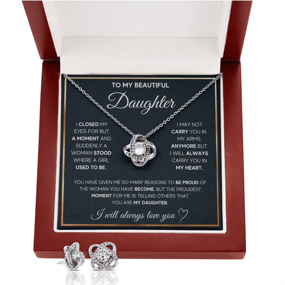 TO MY DAUGHTER PROUD LOVE KNOT NECKLACE AND EARRINGS SET