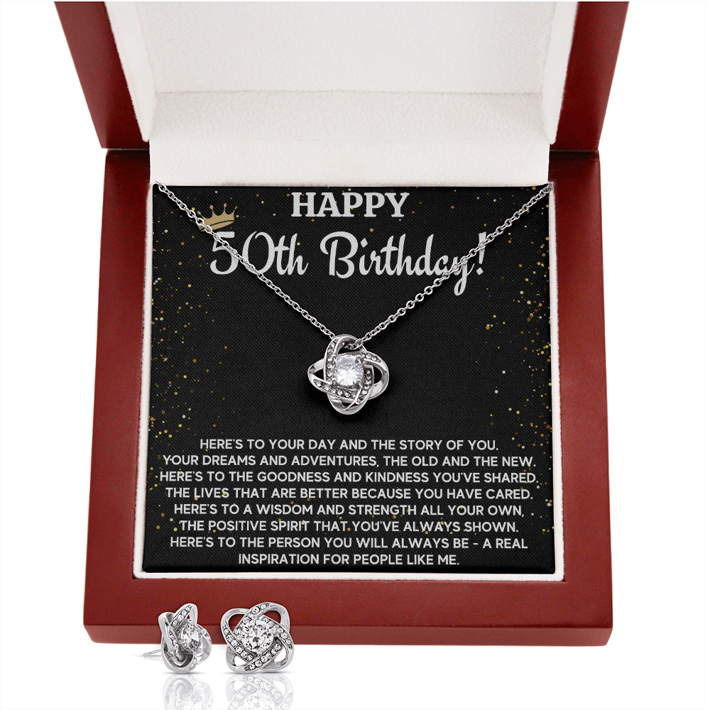 50TH BIRTHDAY WISDOM LOVE KNOT NECKLACE AND EARRINGS SET