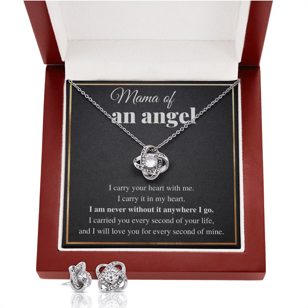 MAMA OF AN ANGEL LOVE KNOT NECKLACE AND EARRINGS GIFT SET