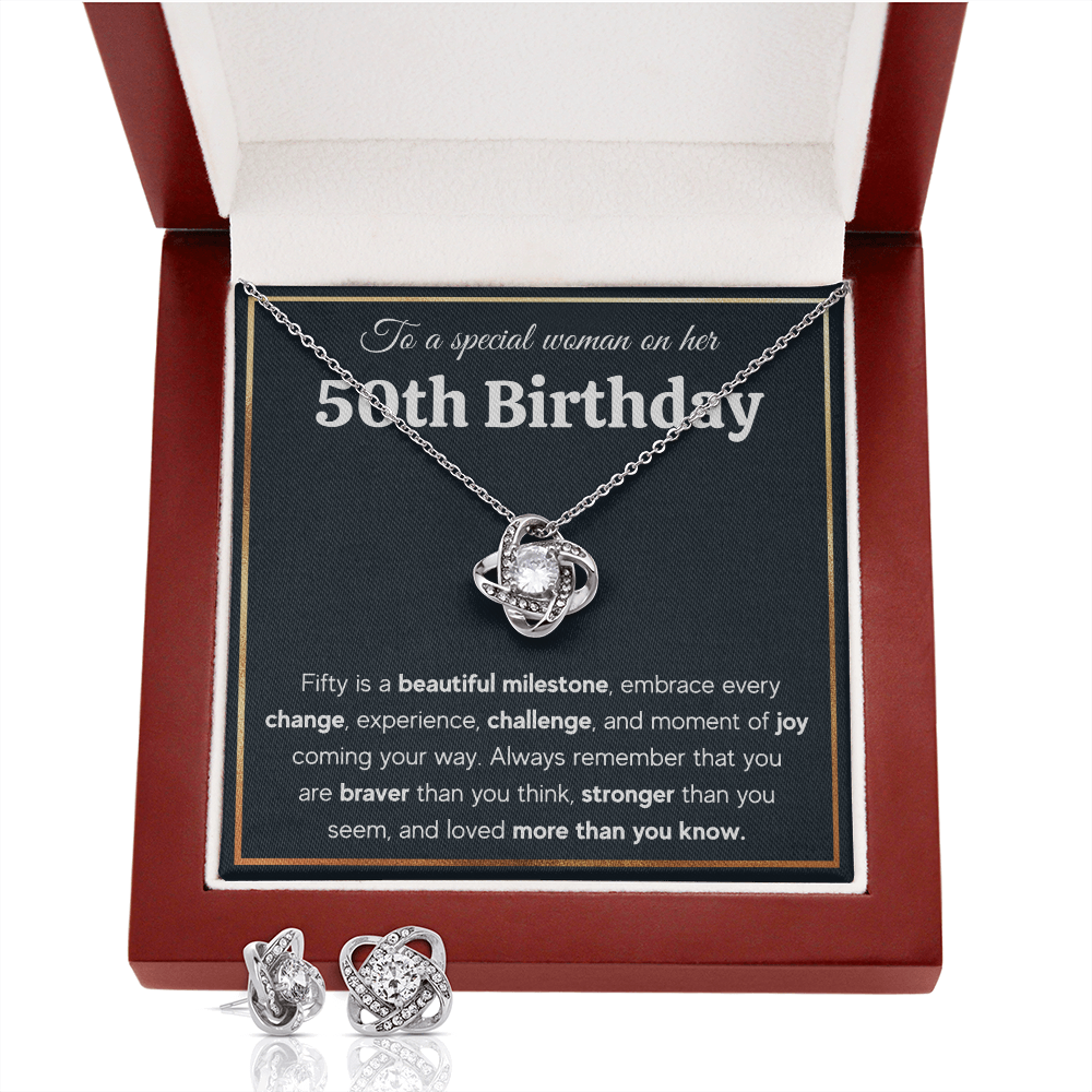 50TH BIRTHDAY MILESTONE  LOVE KNOT NECKLACE AND EARRINGS SET