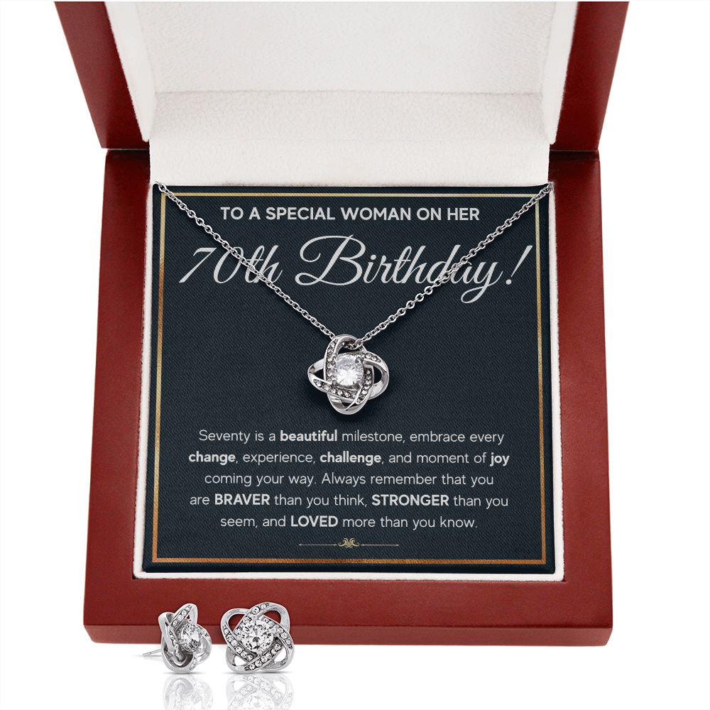 70TH BIRTHDAY MILESTONE LOVE KNOT NECKLACE AND EARRINGS SET