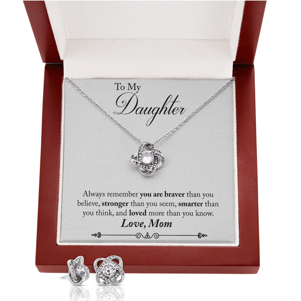 TO MY DAUGHTER BRAVER LOVE KNOT NECKLACE AND EARRINGS SET