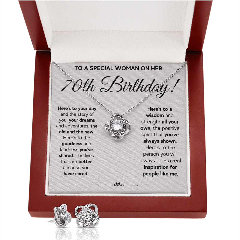 70TH BIRTHDAY WISDOM LOVE KNOT NECKLACE AND EARRINGS SET
