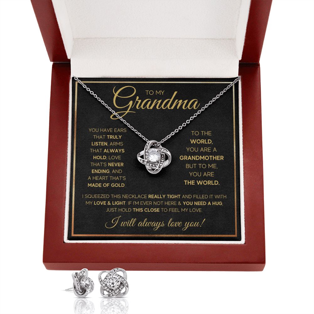TO MY GRANDMA NEVER ENDING GOLD LOVE KNOT EARRING NECKLACE GIFT SET