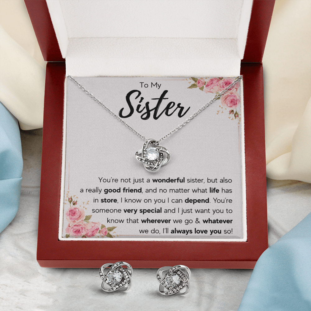 TO MY SISTER LOVE YOU SO LOVE KNOT NECKLACE AND EARRINGS SET