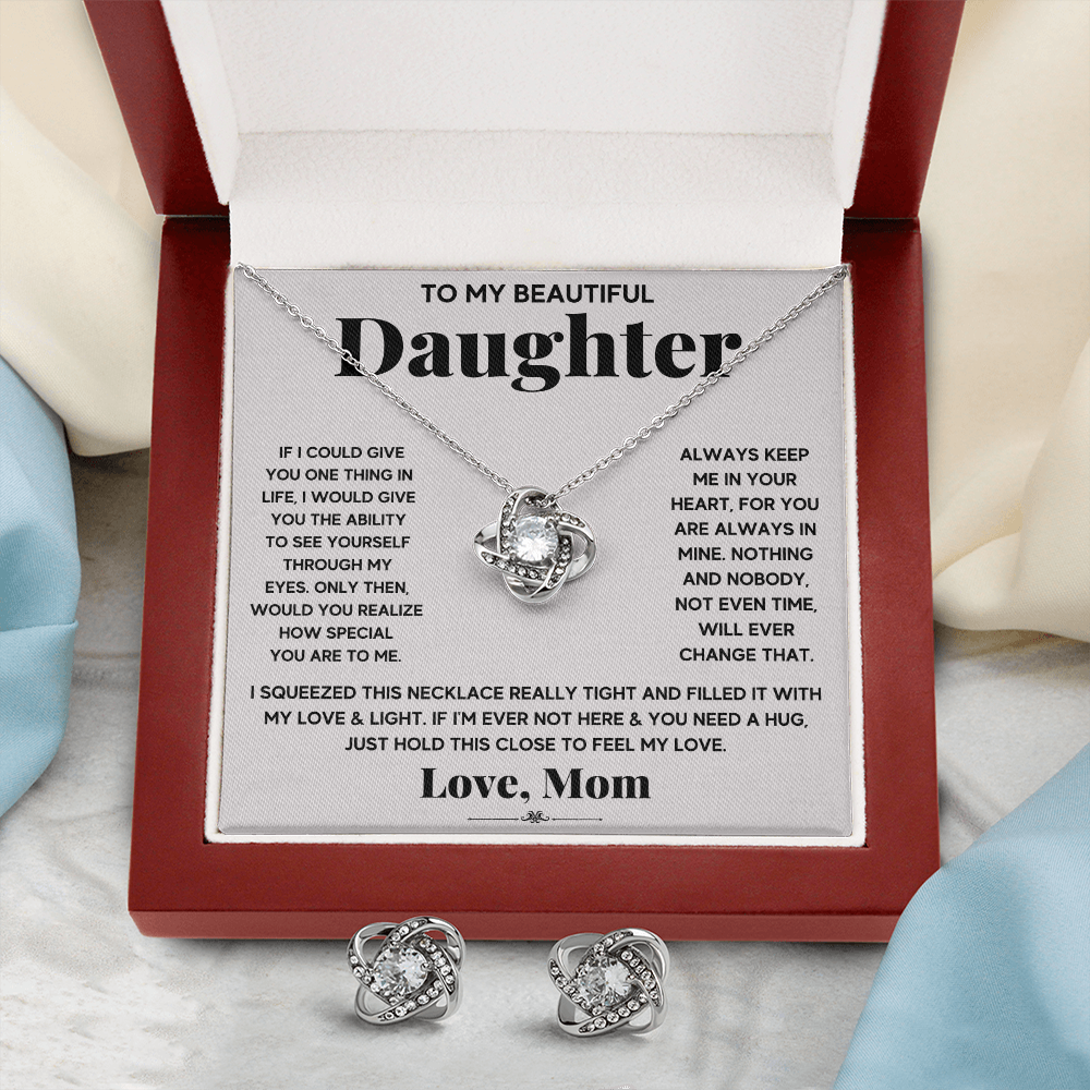 TO MY BEAUTIFUL DAUGHTER SQUEEZED LOVE KNOT NECKLACE AND EARRINGS SET