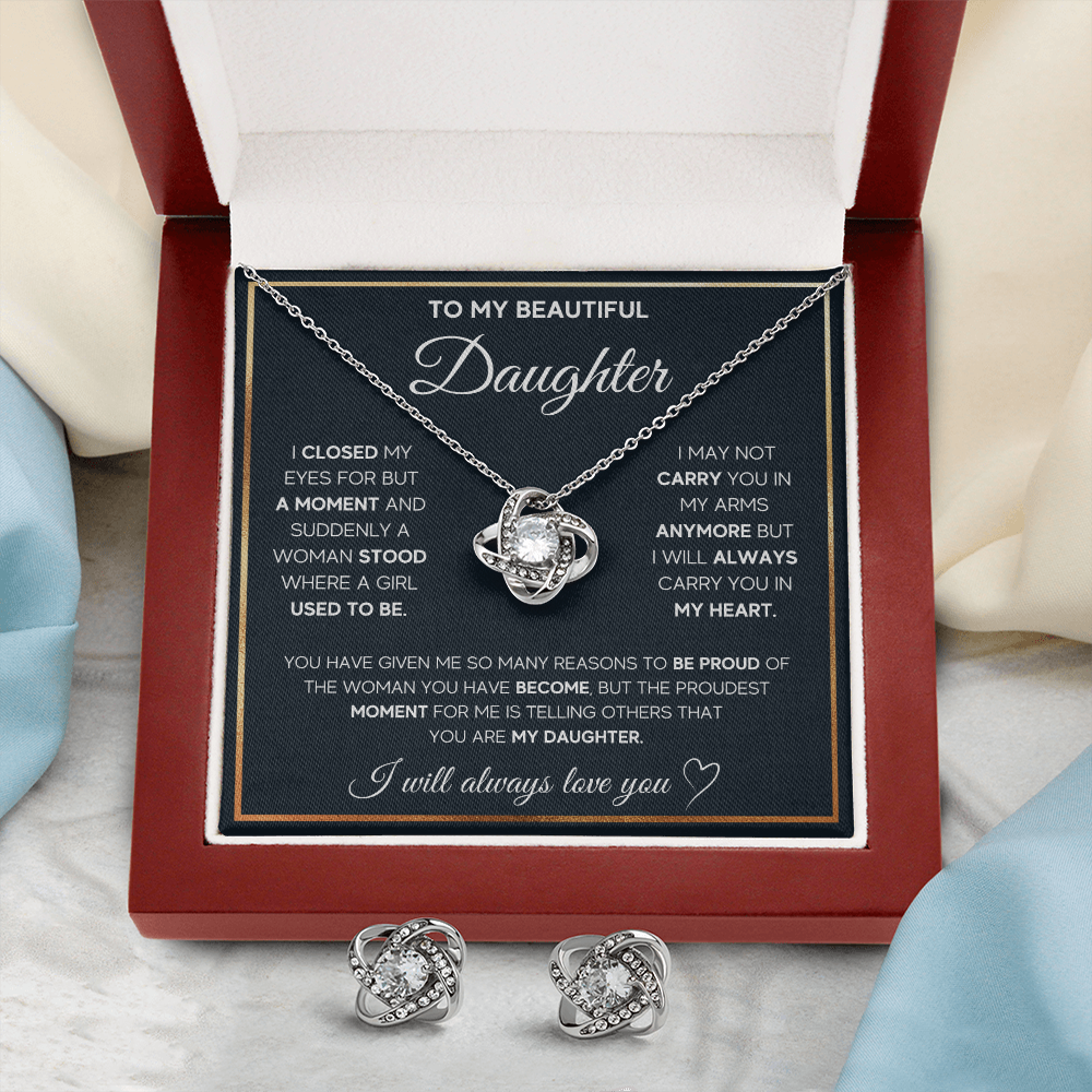 TO MY DAUGHTER PROUD LOVE KNOT NECKLACE AND EARRINGS SET