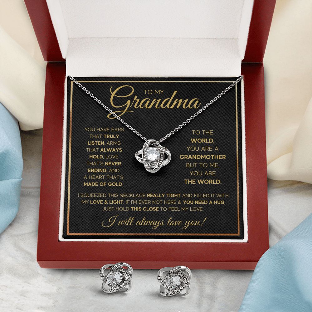TO MY GRANDMA NEVER ENDING GOLD LOVE KNOT EARRING NECKLACE GIFT SET