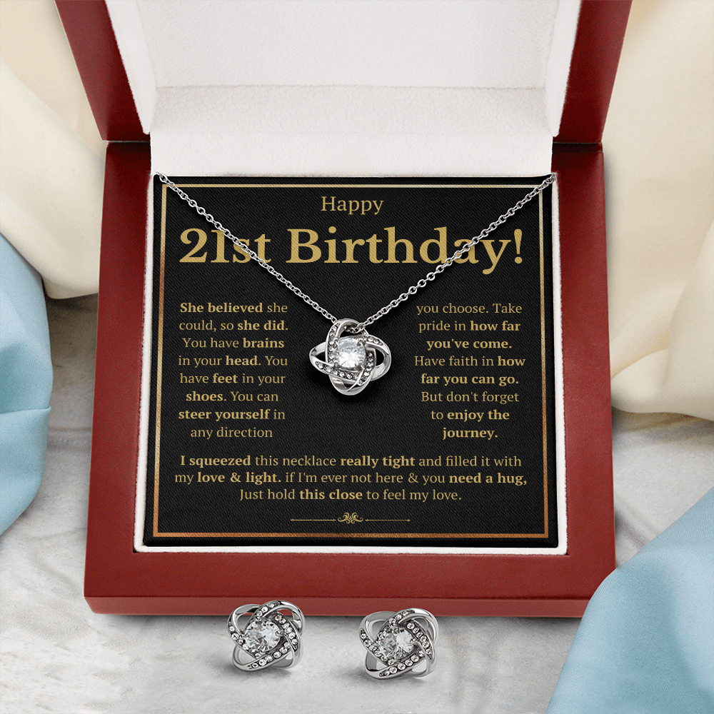 21ST BIRTHDAY SQUEEZED LOVE KNOT NECKLACE AND EARRINGS SET