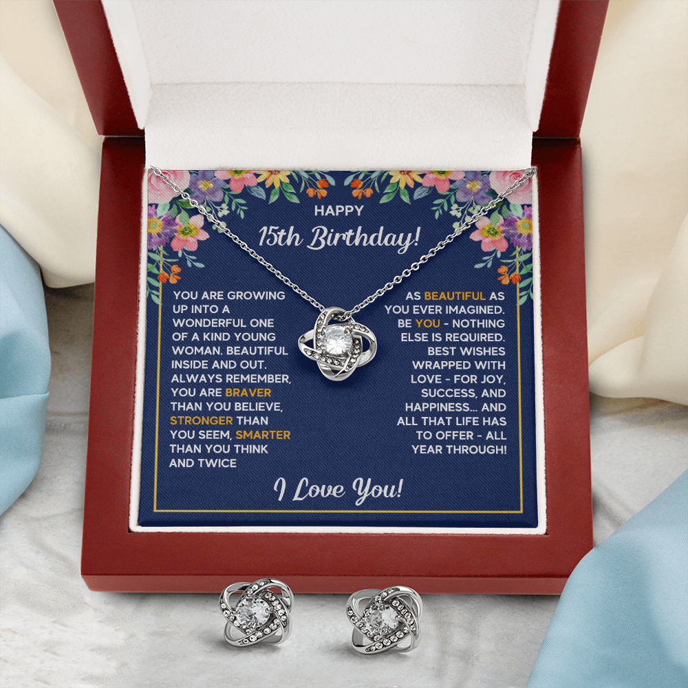 HAPPY 15TH BIRTHDAY WRAPPED LOVE KNOT NECKLACE AND EARRINGS SET