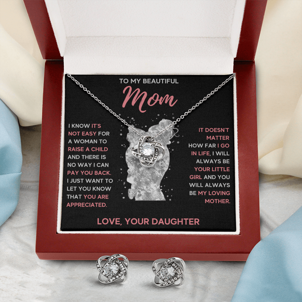 TO MY MOM LITTLE GIRL LOVE KNOT NECKLACE AND EARRINGS SET