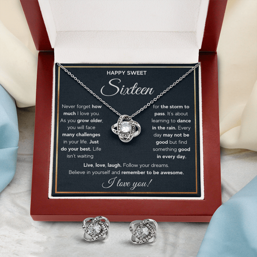 HAPPY SWEET SIXTEEN RAIN LOVE KNOT NECKLACE AND EARRINGS SET