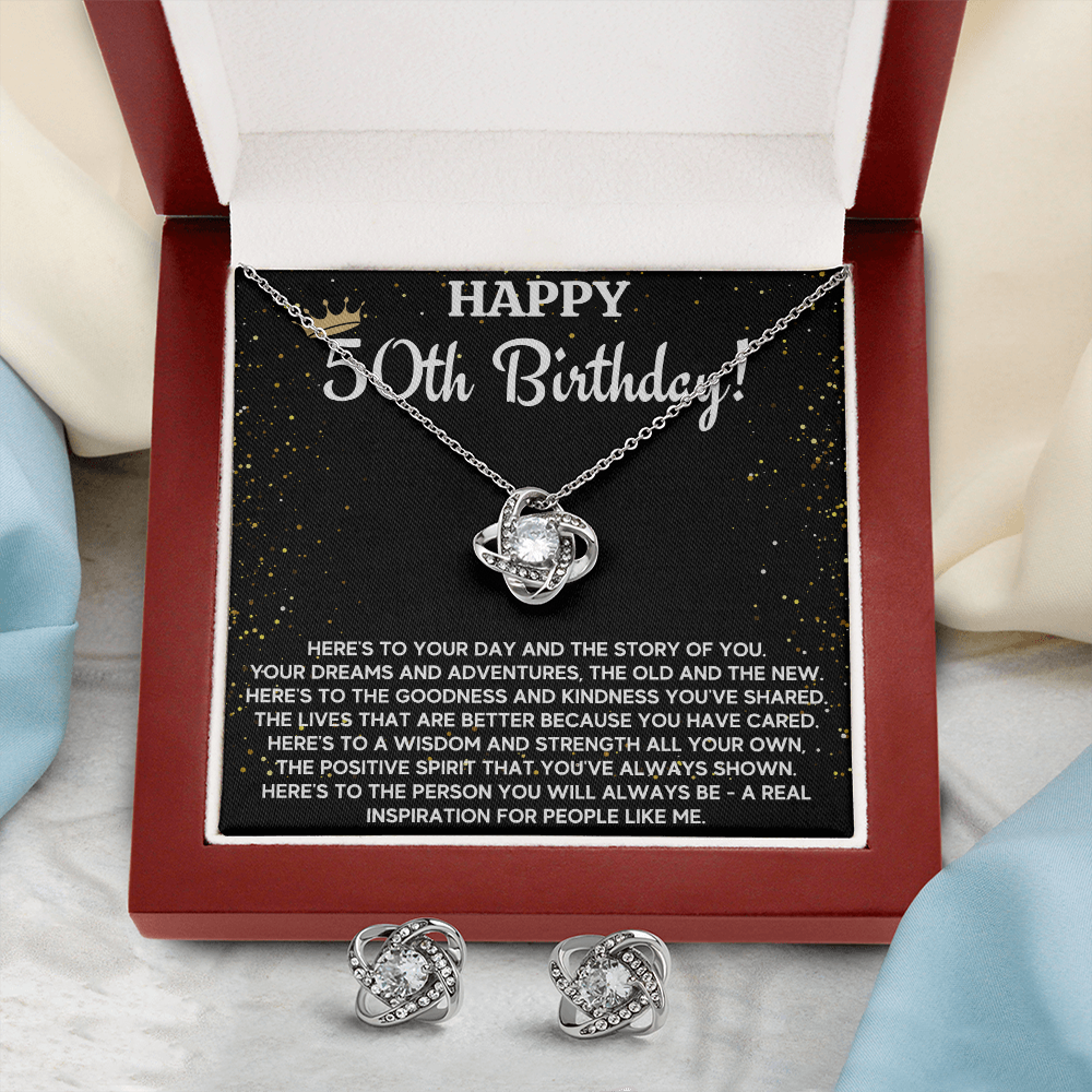 50TH BIRTHDAY WISDOM LOVE KNOT NECKLACE AND EARRINGS SET
