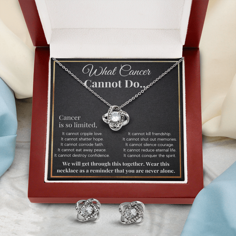 WHAT CANCER CANNOT DO LOVE KNOT NECKLACE AND EARRINGS SET
