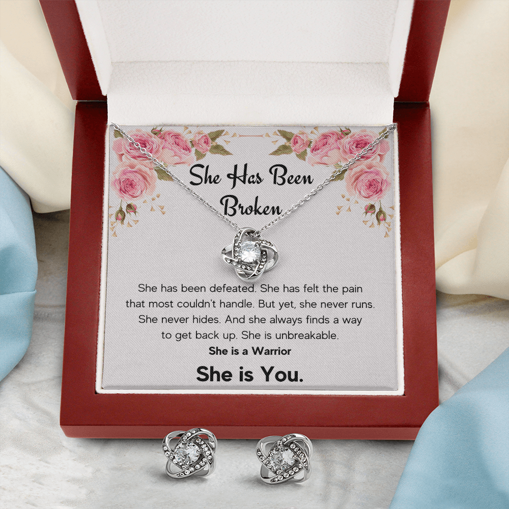 ENCOURAGEMENT SHE IS YOU LOVE KNOT NECKLACE AND EARRINGS SET