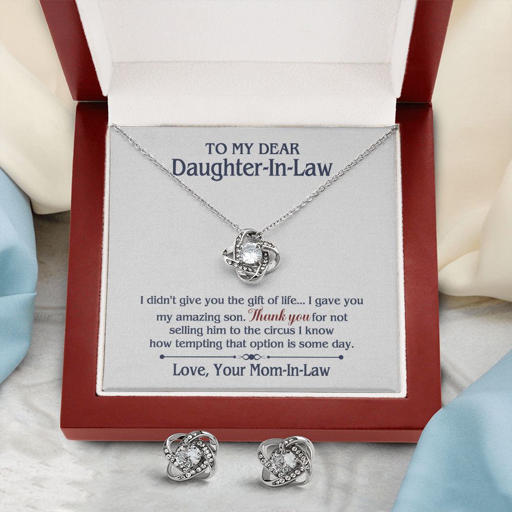 TO MY DAUGHTER IN LAW CIRCUS LOVE KNOT EARRING NECKLACE GIFT SET