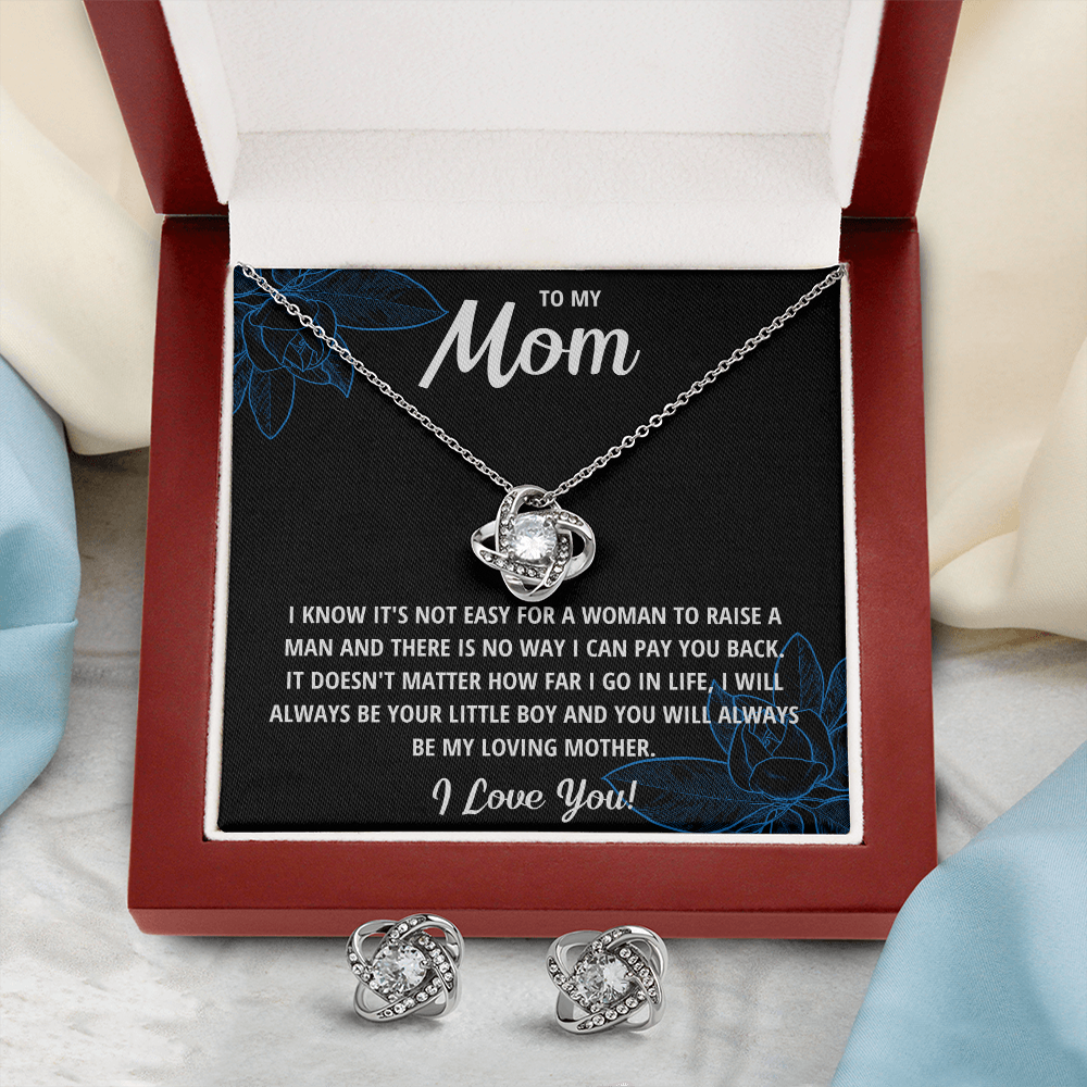 TO MY MOM LITTLE BOY BLACK LOVE KNOT NECKLACE AND EARRINGS SET