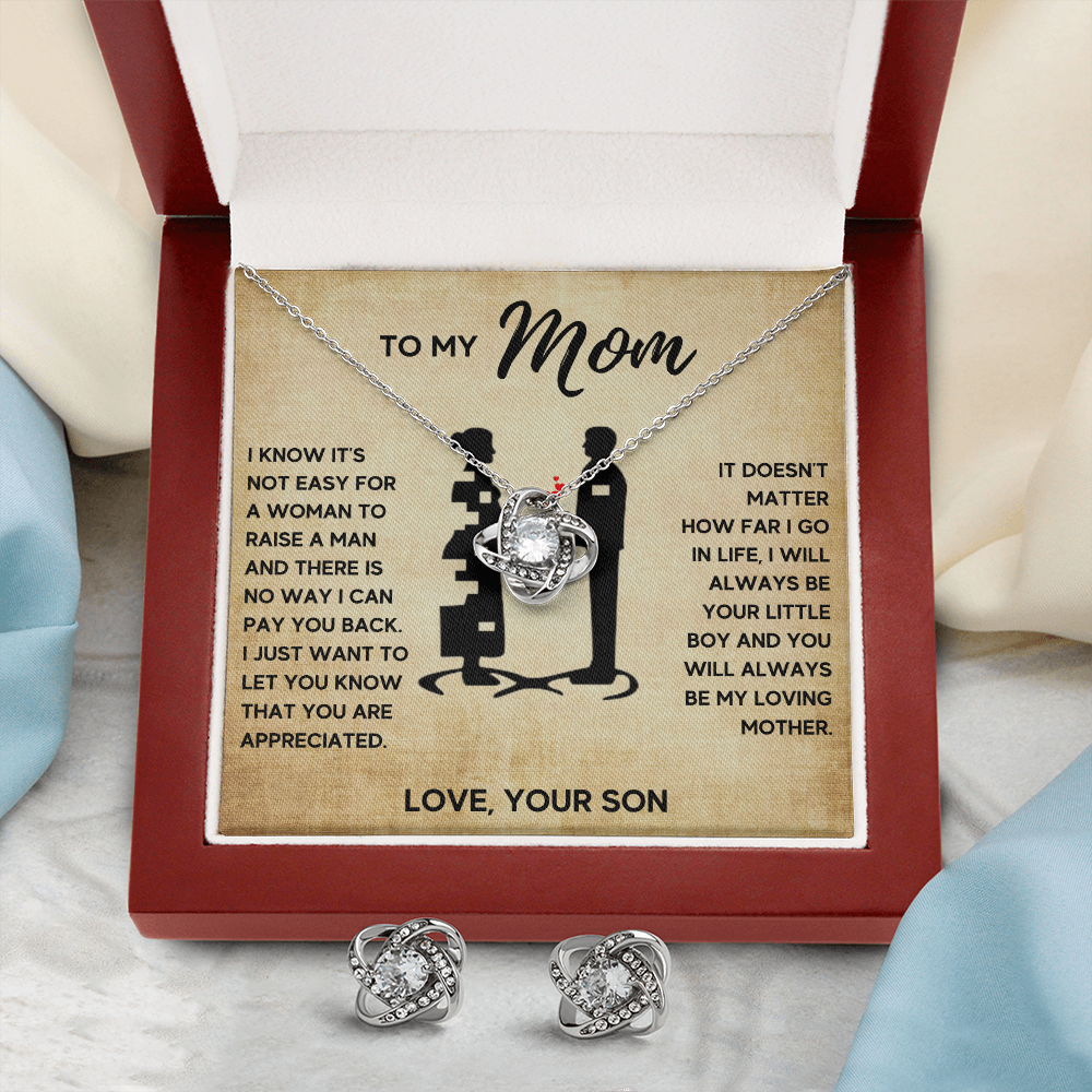 TO MY MOM LITTLE BOY LOVE KNOT NECKLACE AND EARRINGS SET