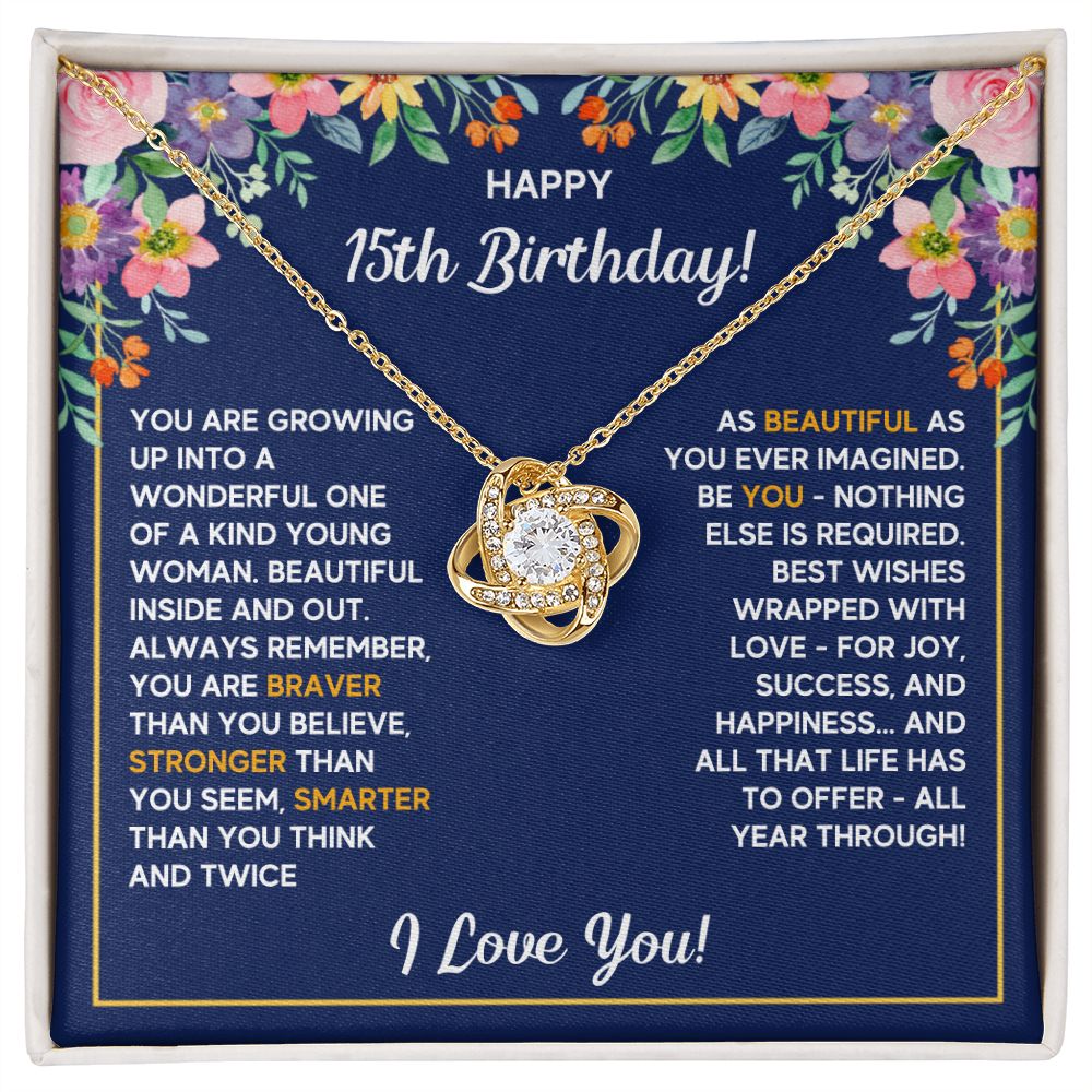 HAPPY 15TH BIRTHDAY WRAPPED LOVE KNOT NECKLACE
