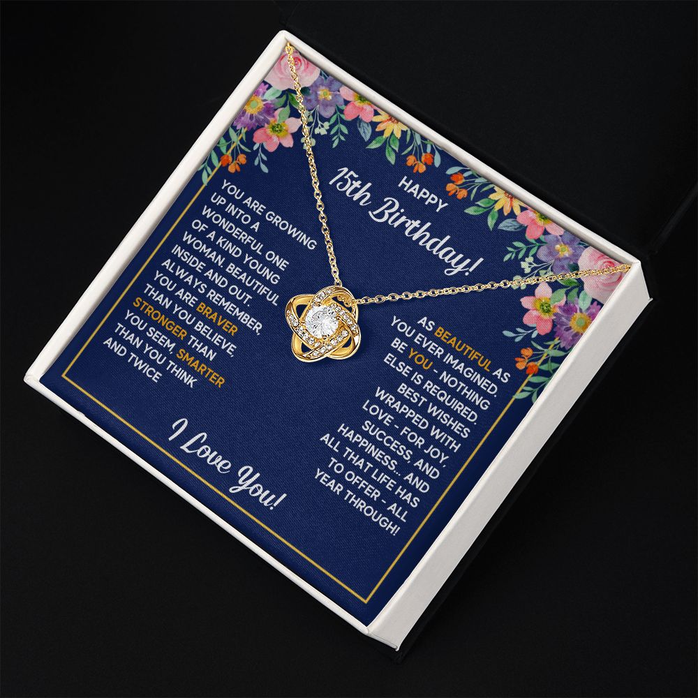 HAPPY 15TH BIRTHDAY WRAPPED LOVE KNOT NECKLACE